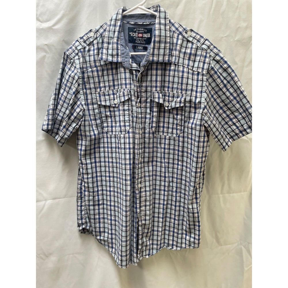 Ecko Unltd Button Up Short Sleeve Shirt Mens Size Large Blue‎ Plaid Short Sleeve